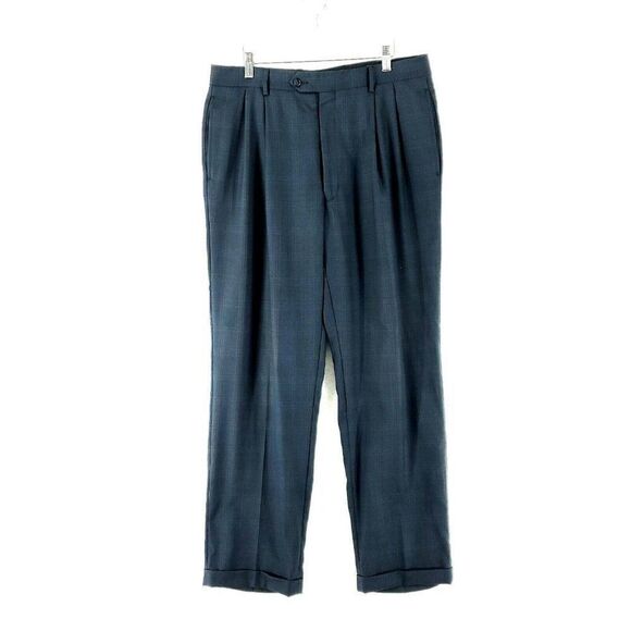 Jos A Bank Blue Brown Glen Plaid Pleated Cuffed Dress Pants Pleated Cuffed 35/32 - Picture 1 of 4